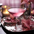 a glass of pink martini. Beautiful decor in the style of Barbie.