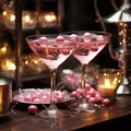 a glass of pink martini. Beautiful decor in the style of Barbie.