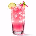 glass of pink soda drink with ice on a white background.