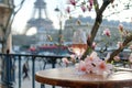 Glass of pink wine on a table of typical Parisian outdoor cafe with pink magnolia flowers in full bloom on a backdrop of French