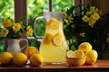 A glass pitcher filled with refreshing lemonade, garnished with fresh lemons Royalty Free Stock Photo