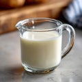 Glass pitcher of milk on kitchen counter. Royalty Free Stock Photo