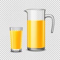Glass And Pitcher With Orange Juice On Transparent Background