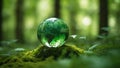 Glass planet earth globe against bright green foliage. Generative AI illustration Royalty Free Stock Photo