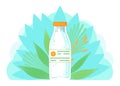 Glass or plastic bottle with milk, quality label, organic milk product at green leaves background