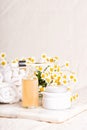 Glass and plastic bottles of essence or serum and with chamomile flowers Royalty Free Stock Photo