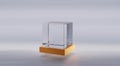 Glass or plastic cube on geometric gold stand in perspective angle view. Clear square box of acrylic or plexiglass