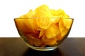 Glass plate with crispy delicious potato chips