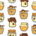 Glass pot full of honey. Seamless pattern