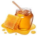 Glass pot of honey, honeycombs and sweet sticky honey puddle isolated on white background