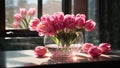 A glass pot of pink flowers tulip. AI Generated Royalty Free Stock Photo