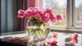 A glass pot of pink flowers tulip. AI Generated Royalty Free Stock Photo