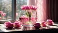 A glass pot of pink flowers tulip. AI Generated Royalty Free Stock Photo