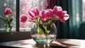 A glass pot of pink flowers tulip. AI Generated Royalty Free Stock Photo