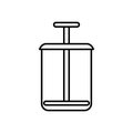 Glass with press. Line art icon of flat flask with piston. Black simple illustration of french press, squeezer, masher. Contour