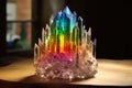 glass prism reflecting colorful light onto a cluster of crystals