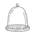 Glass protective dome on wooden stand in sketch doodle style