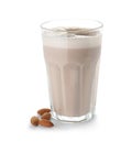 Glass of protein shake and almonds isolated