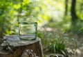 Glass of pure fresh water on the old tree stump. Green nature background