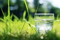 glass of pure sparkling water on vibrant green grass under sunlight, nature freshness Royalty Free Stock Photo