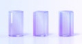 Glass rainbow pedestals or crystal podium 3d render icons set. Abstract geometric empty museum stages with hologram