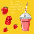 Glass with raspberry strawberry smoothie. Natural bio drink, healthy organic food. Hand drawn vector illustration in doodle style Royalty Free Stock Photo