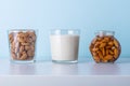 Glass of raw almonds, vegetable milk and jar with soaking nuts. Concept of making plant based organic veggie Milk, lactose free