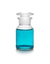 Glass reagent bottle with color liquid on white background