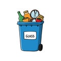 Glass recycling bin with assorted glass bottles jars and container illustration vector graphic Royalty Free Stock Photo