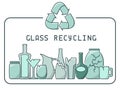 Glass recycling illustration with trash and lettering