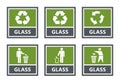 Glass recycling labels set, waste sorting icons