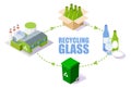 Glass recycling process scheme, vector isometric illustration