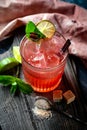 Glass of red alcoholic cocktail drink with ice, mint and lime. Summer refreshing drink Royalty Free Stock Photo