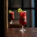 Glass of red Alcoholic cocktail drink with mint leaf and lime or lemon slice on dark blurred background. Side view. Copy Royalty Free Stock Photo