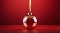 Glass red bauble hanging on golden ribbon ai generated banner background copy space Royalty Free Stock Photo
