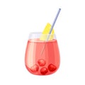 Glass of red cocktail with cherry and slice of lemon. Cold alcoholic beverage vector illustration Royalty Free Stock Photo