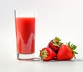 Glass with red fresh strawberry juice isolated on white. Healthy refreshing summer strawberry fruit juice drink. Generative AI