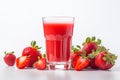 Glass with red fresh strawberry juice isolated on white. Healthy refreshing summer strawberry fruit juice drink. Generative AI