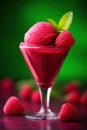 a glass with a red ice cream and raspberries