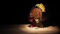 Glass of red , white wine and barrel on wooden table Royalty Free Stock Photo