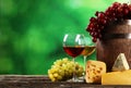 Glass of red and white wine, cheeses and grapes on the brown wooden background Royalty Free Stock Photo