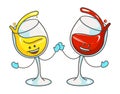 Glass with red and white wine. Vector flat cartoon color icon with emotions Royalty Free Stock Photo