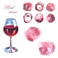 A glass of red wine and abstract hand drawn pink watercolor spots on a white background Royalty Free Stock Photo