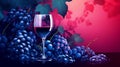 A glass of red wine against the background of bunches of different grapes