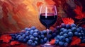 A glass of red wine against the background of bunches of different grapes