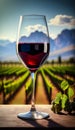 Glass Of Red Wine Against Vineyard And Mountains - Generative AI Royalty Free Stock Photo