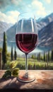 Glass Of Red Wine Against Vineyard And Mountains - Generative AI Royalty Free Stock Photo