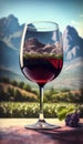 Glass Of Red Wine Against Vineyard And Mountains - Generative AI Royalty Free Stock Photo