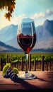 Glass Of Red Wine Against Vineyard And Mountains - Generative AI Royalty Free Stock Photo