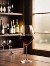 Glass of red wine on the background of bottles and shelves with wine